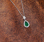 Lab Emerald 3-Prong Gemstone Pendant | 1ct 5x8mm waterdrop | Vivid green | Solid S925 Silver with 18K Gold plated Moissanite pendant.