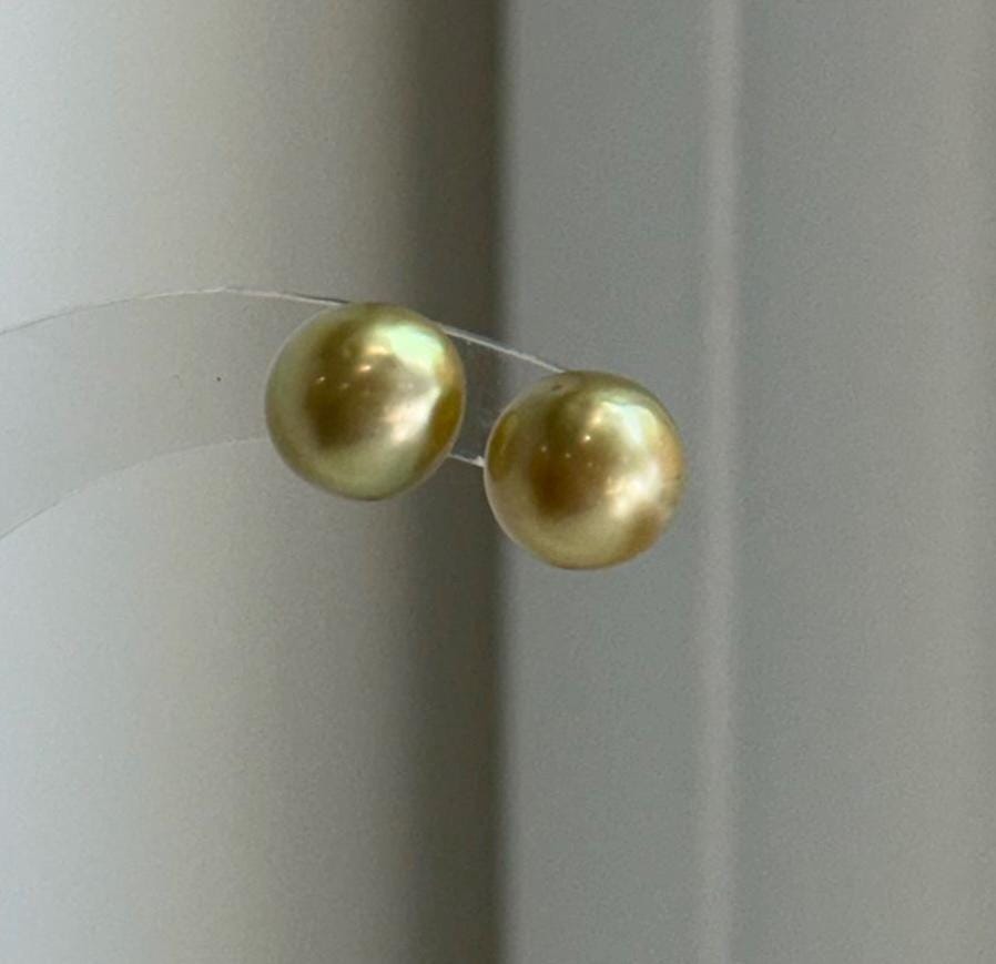 Elly’s 9.4mm Genius natural South sea Deep Tea Gold ocean Pearls Earrings studs: Extreme luster, S925 silver minimalist earrings studs.