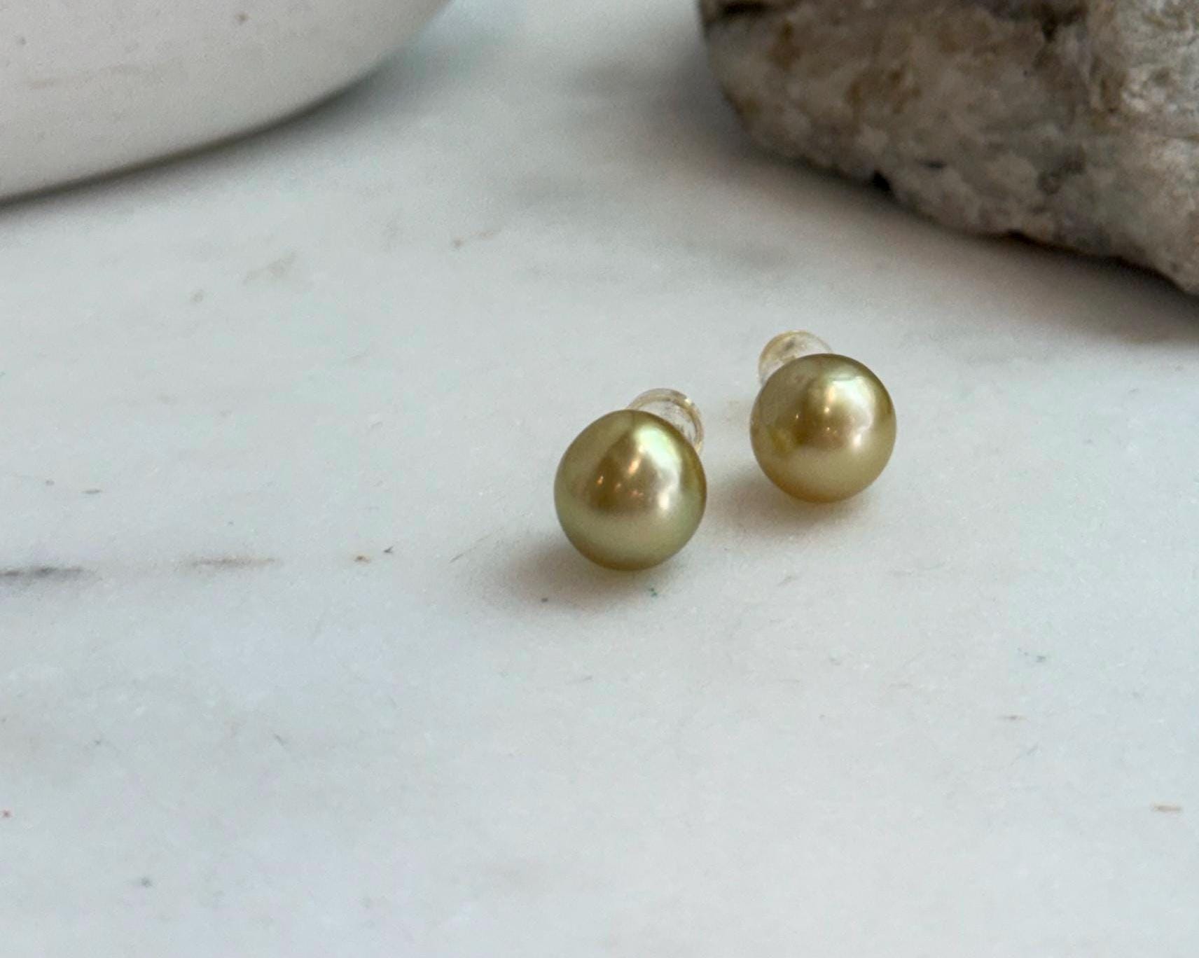 Elly’s 9.4mm Genius natural South sea Deep Tea Gold ocean Pearls Earrings studs: Extreme luster, S925 silver minimalist earrings studs.