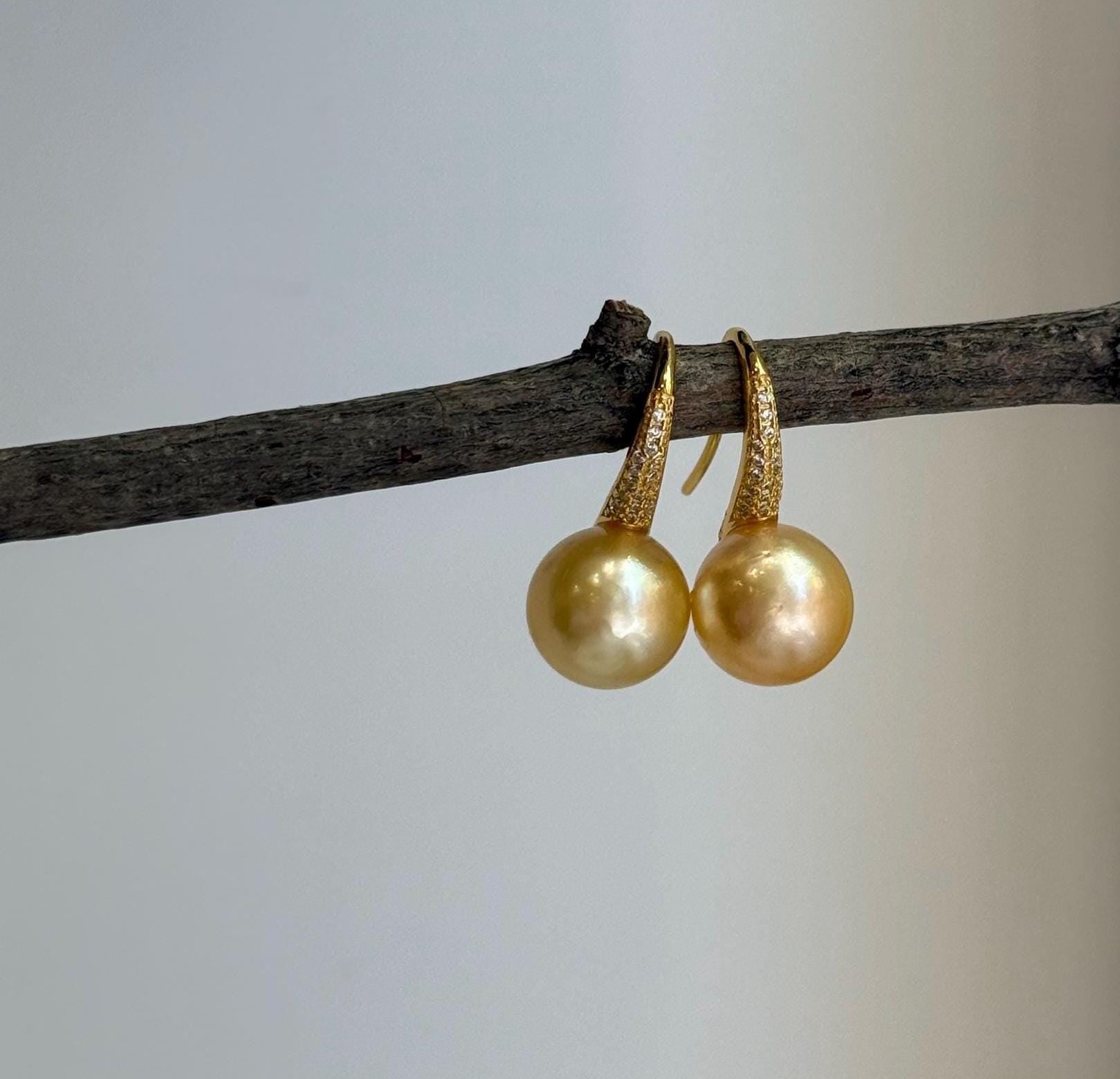 Elly’s 11.5mm Genius South sea golden ocean Pearls High-heel Earrings hooks: Extreme luster, 2.5cm high, S925 silver cool earrings.
