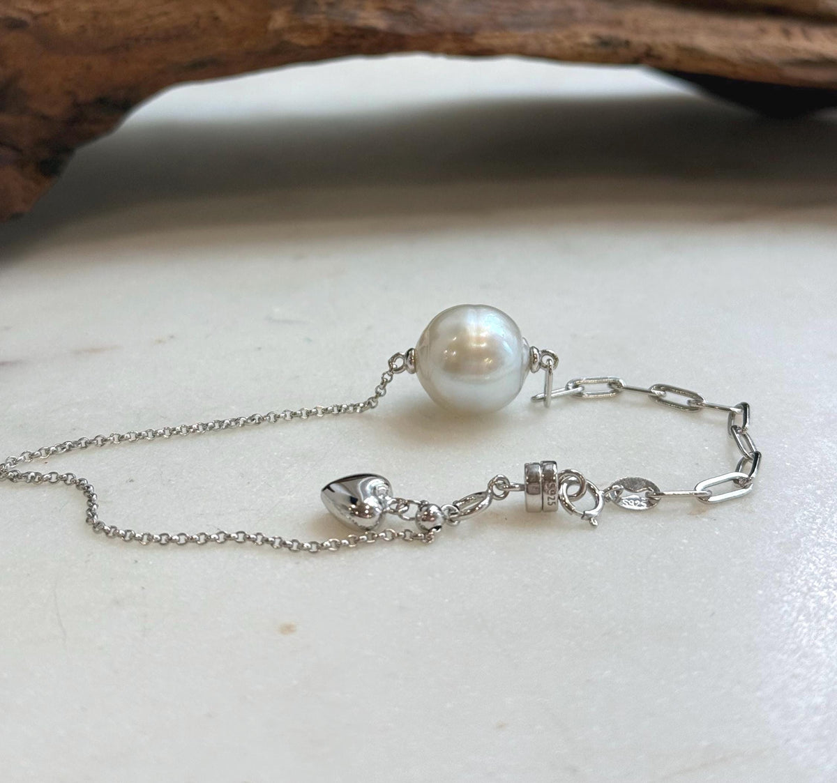 Elly’s 12.7mm Australian Ocean white Pearl bracelet: Extreme luster, to 8.3”, S925 silver adjustable bracelet.