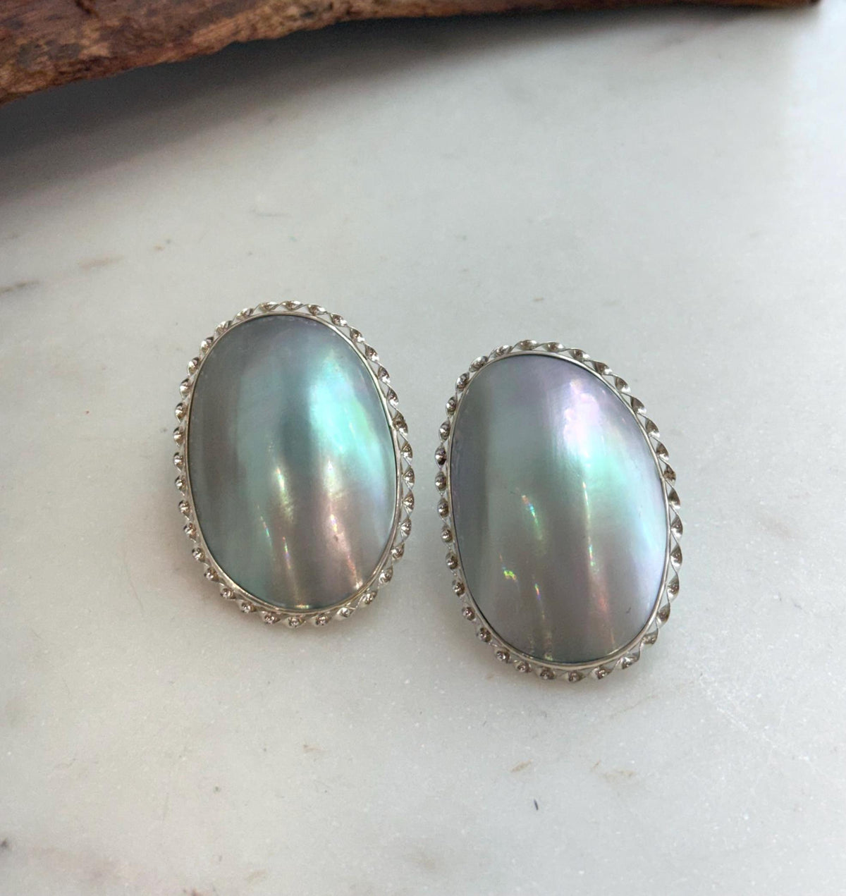 blue iridescent huge ocean Mabe pearl sterling silver earrings