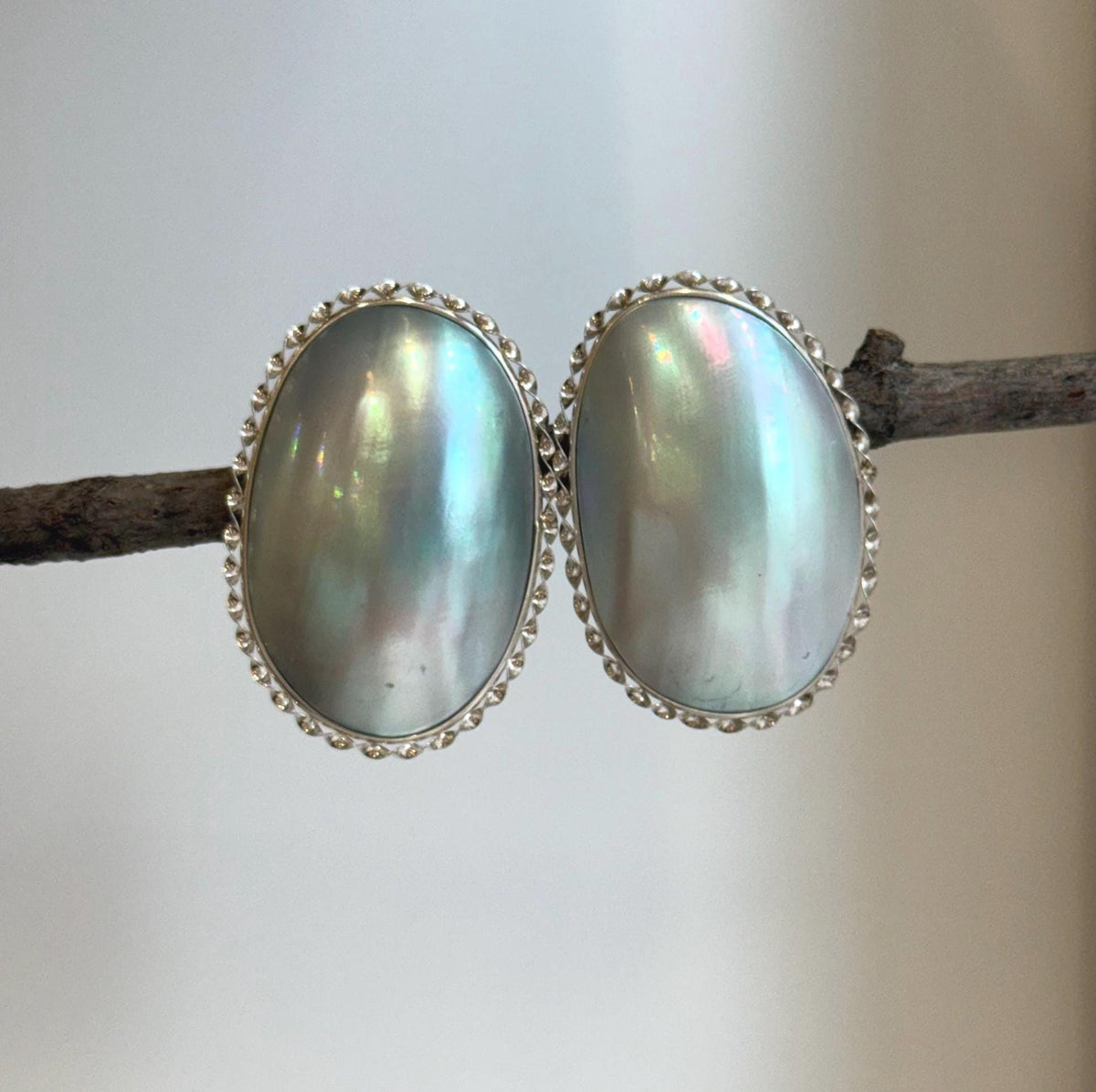 blue iridescent huge ocean Mabe pearl sterling silver earrings