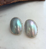Elly’s Blue iridescent Ocean Mabe Huge Earrings: Extreme luster, 2.7x4cm, S925 silver earrings. 1 breath hole back.
