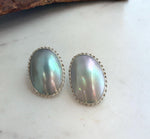 Elly’s Blue iridescent Ocean Mabe Huge Earrings: Extreme luster, 2.7x4cm, S925 silver earrings. 1 breath hole back.