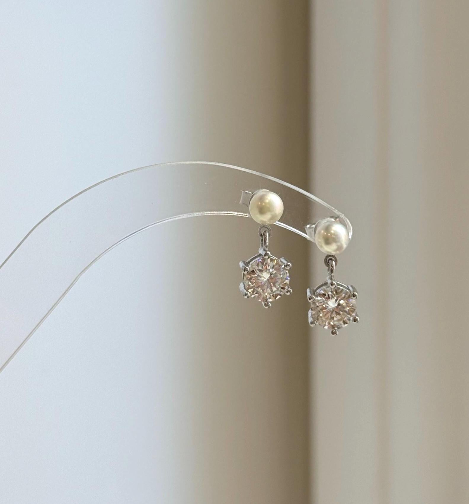 Elly’s 2.0ct Moissanite Akoya ocean pearls earrings: Extreme luster Mirrored, 4.9mm, 1.7cm high, S925 silver cool earrings.