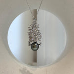 Elly’s 10.2mm Tahitian ocean pearl waterfall brooch pendant 2in1: Extreme luster mirrored, peacock hunter, 1.7x4cm
