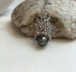 Elly’s 10.2mm Tahitian ocean pearl waterfall brooch pendant 2in1: Extreme luster mirrored, peacock hunter, 1.7x4cm