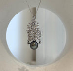 Elly’s 10.2mm Tahitian ocean pearl waterfall brooch pendant 2in1: Extreme luster mirrored, peacock hunter, 1.7x4cm