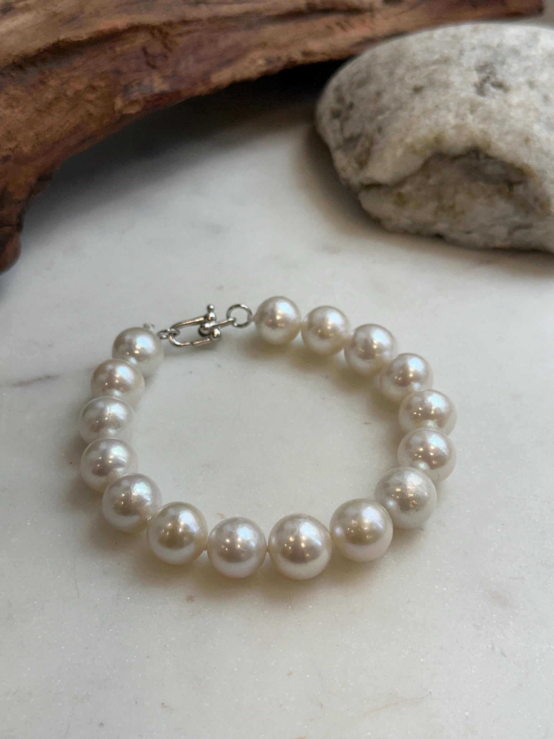 Elly’s 11-12.1mm 16pcs Edison white Pearls bracelet: Extreme luster, 8.1”, S925 silver bracelet.