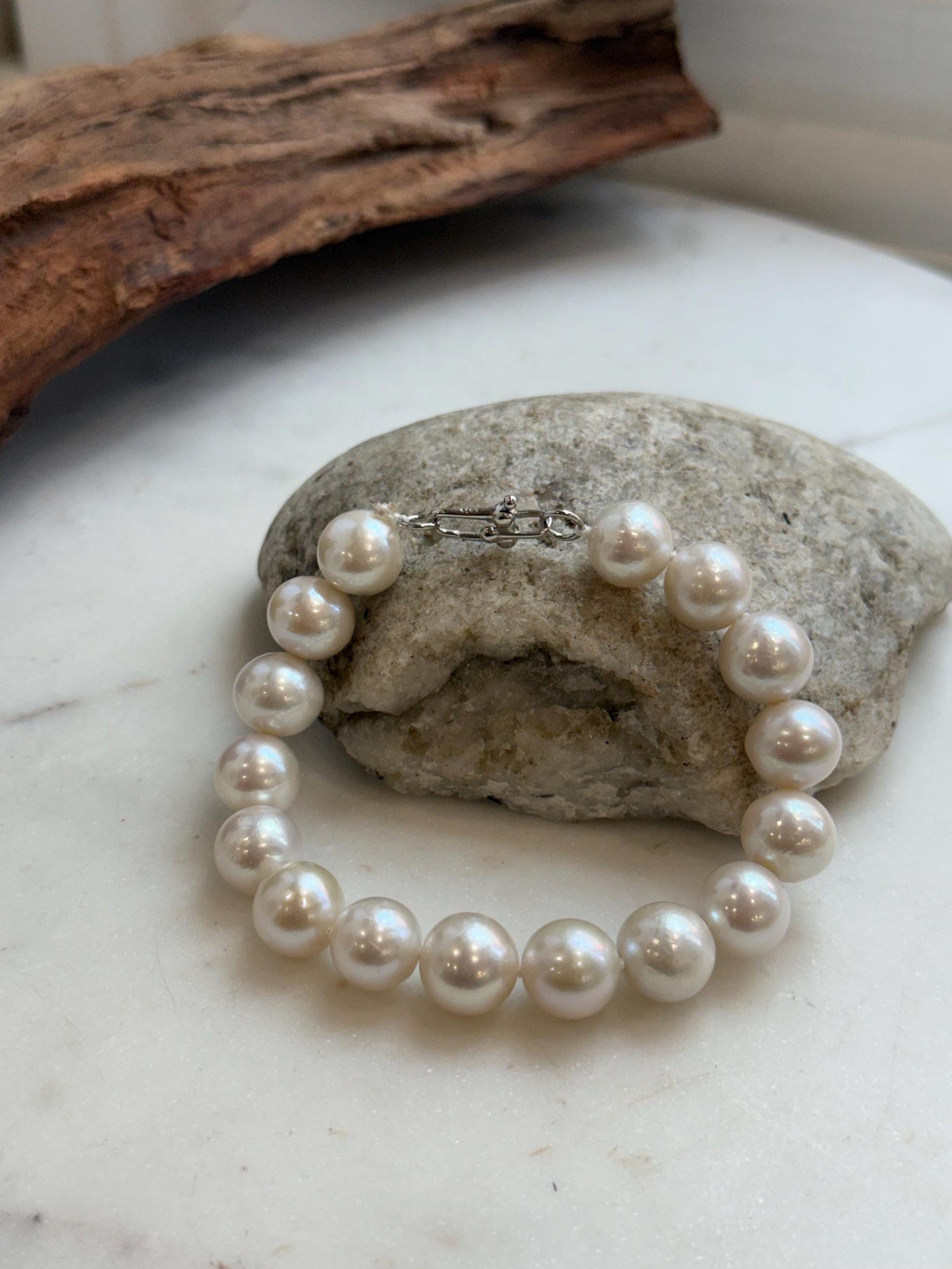 Elly’s 11-12.1mm 16pcs Edison white Pearls bracelet: Extreme luster, 8.1”, S925 silver bracelet.