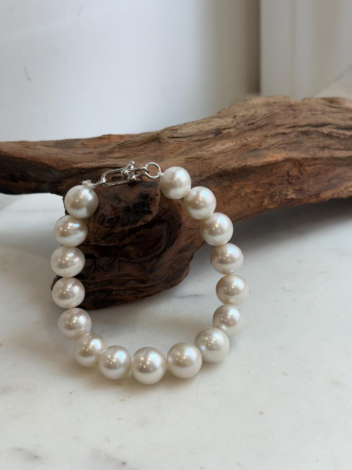Elly’s 11-12.1mm 16pcs Edison white Pearls bracelet: Extreme luster, 8.1”, S925 silver bracelet.