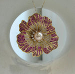 Elly’s 11.2mm Edison peach gold pearl Floral brooch pendant 2in1: Extreme luster mirrored, 5.5cm dia.