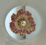 Elly’s 11.2mm Edison peach gold pearl Floral brooch pendant 2in1: Extreme luster mirrored, 5.5cm dia.