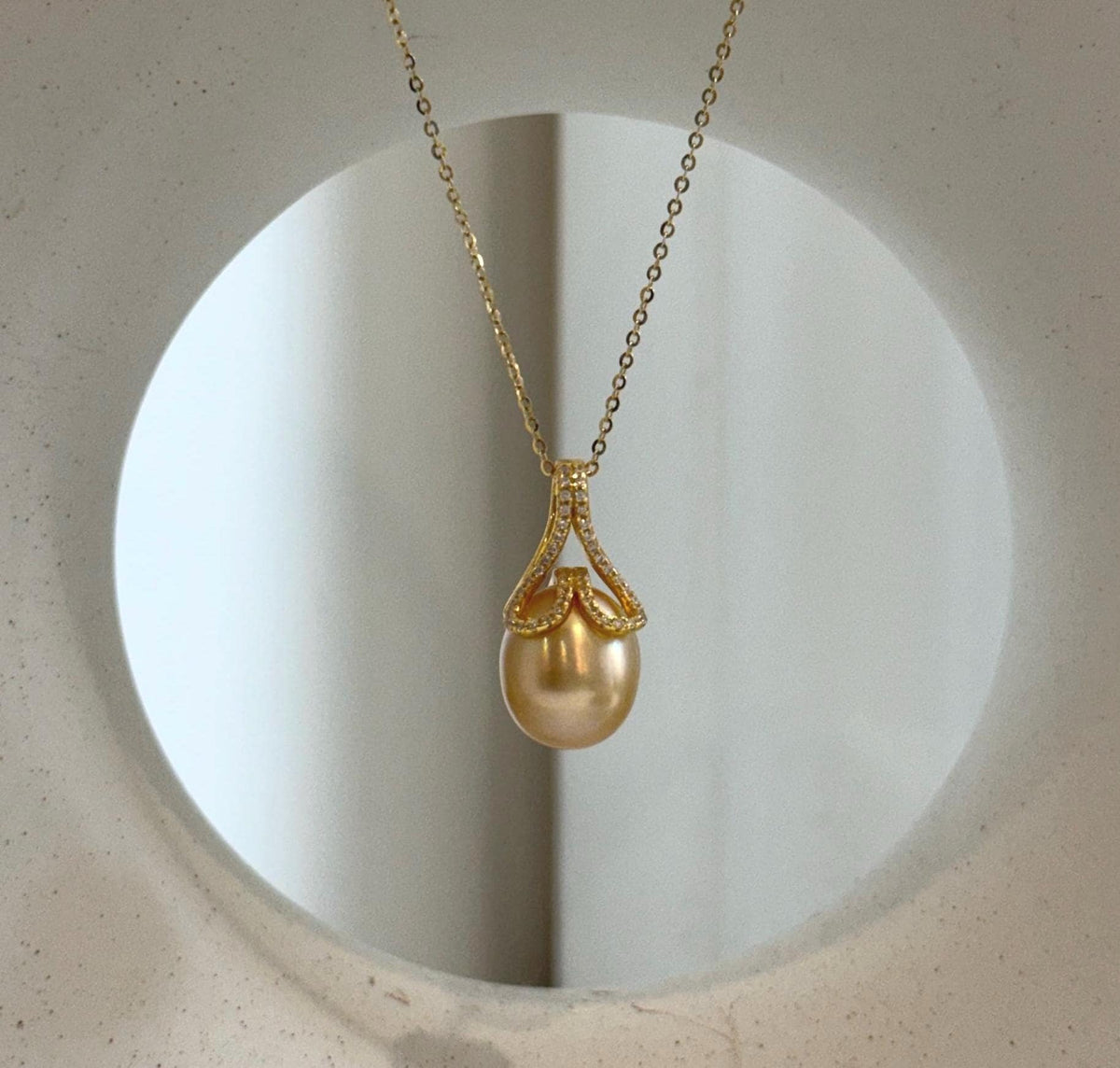 Elly’s 11.3mm South Sea deep Tea Gold ocean Drop Pearl Mermaid pendant: Extreme luster mirrored. 2.3cm high, S925 silver pendant.