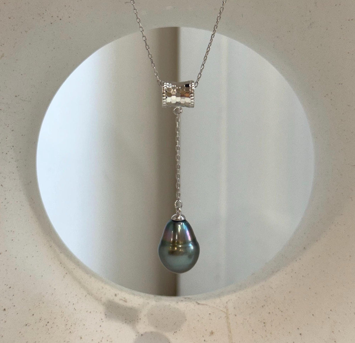 Elly’s 10.7mm Genius Tahitian peacock green Ocean Pearl Pendant: Extreme luster mirrored, 4.8cm high, S925 silver cool fancy pendant.