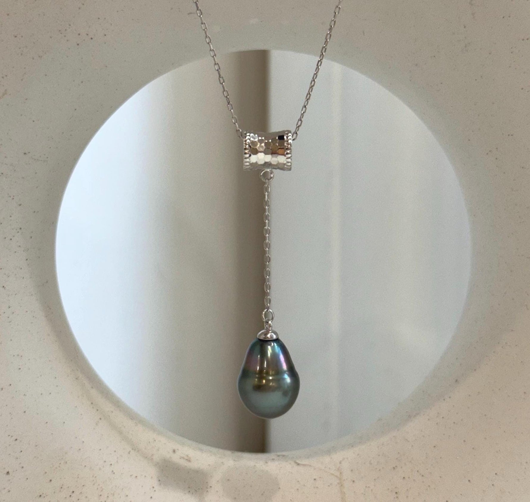 Elly’s 10.7mm Genius Tahitian peacock green Ocean Pearl Pendant: Extreme luster mirrored, 4.8cm high, S925 silver cool fancy pendant.