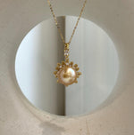 Elly’s 13mm South Sea deep Golden ocean Pearl Floral pendant: Extreme luster mirrored. 2x3cm, S925 silver cool fancy pendant.