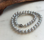 Elly’s 50pcs 7.4-8.4mm Freshwater blue silver round pearls necklace: Extreme luster mirrored, 16.7”, s925 silver necklace strand.