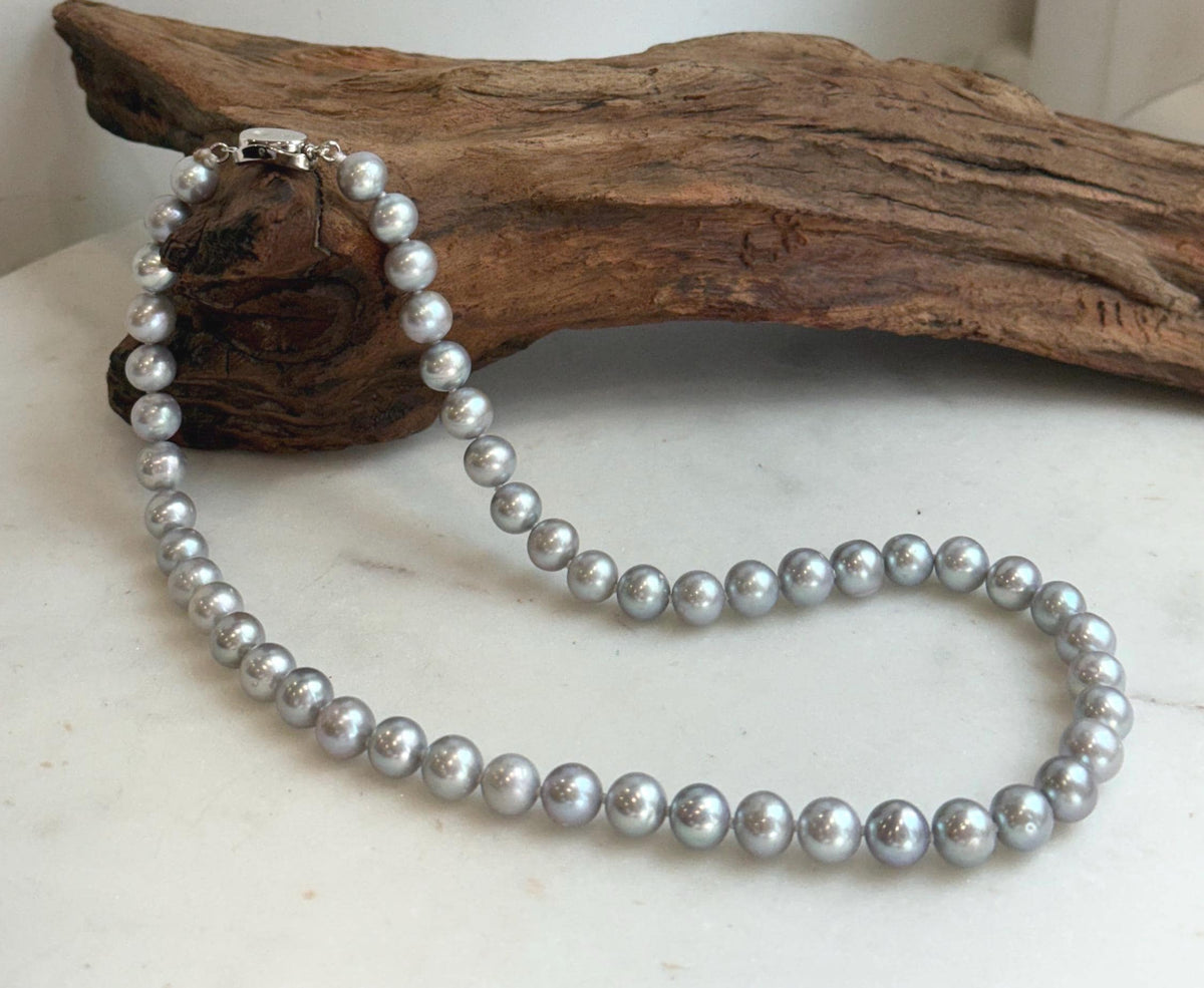 Elly’s 50pcs 7.4-8.4mm Freshwater blue silver round pearls necklace: Extreme luster mirrored, 16.7”, s925 silver necklace strand.