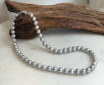 Elly’s 50pcs 7.4-8.4mm Freshwater blue silver round pearls necklace: Extreme luster mirrored, 16.7”, s925 silver necklace strand.
