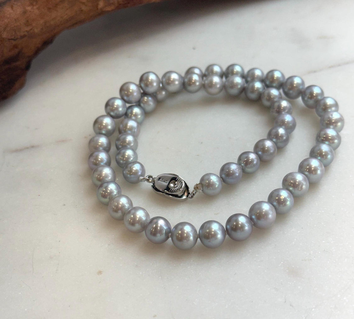 Elly’s 50pcs 7.4-8.4mm Freshwater blue silver round pearls necklace: Extreme luster mirrored, 16.7”, s925 silver necklace strand.