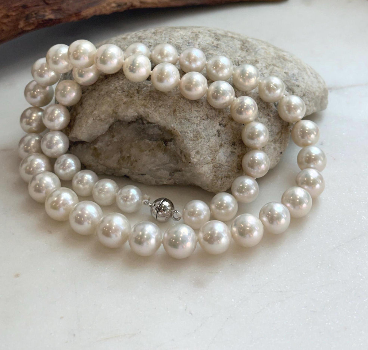 Elly’s 47pcs Edison white Round Pearls Necklace Strand: Extreme luster mirrored, 9-11mm, 19.3”, S925 silver necklace.