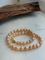 Elly’s 40pcs 8-10mm Freshwater peach gold pearls necklace: Extreme luster mirrored, 17.1”, s925 silver necklace strand.