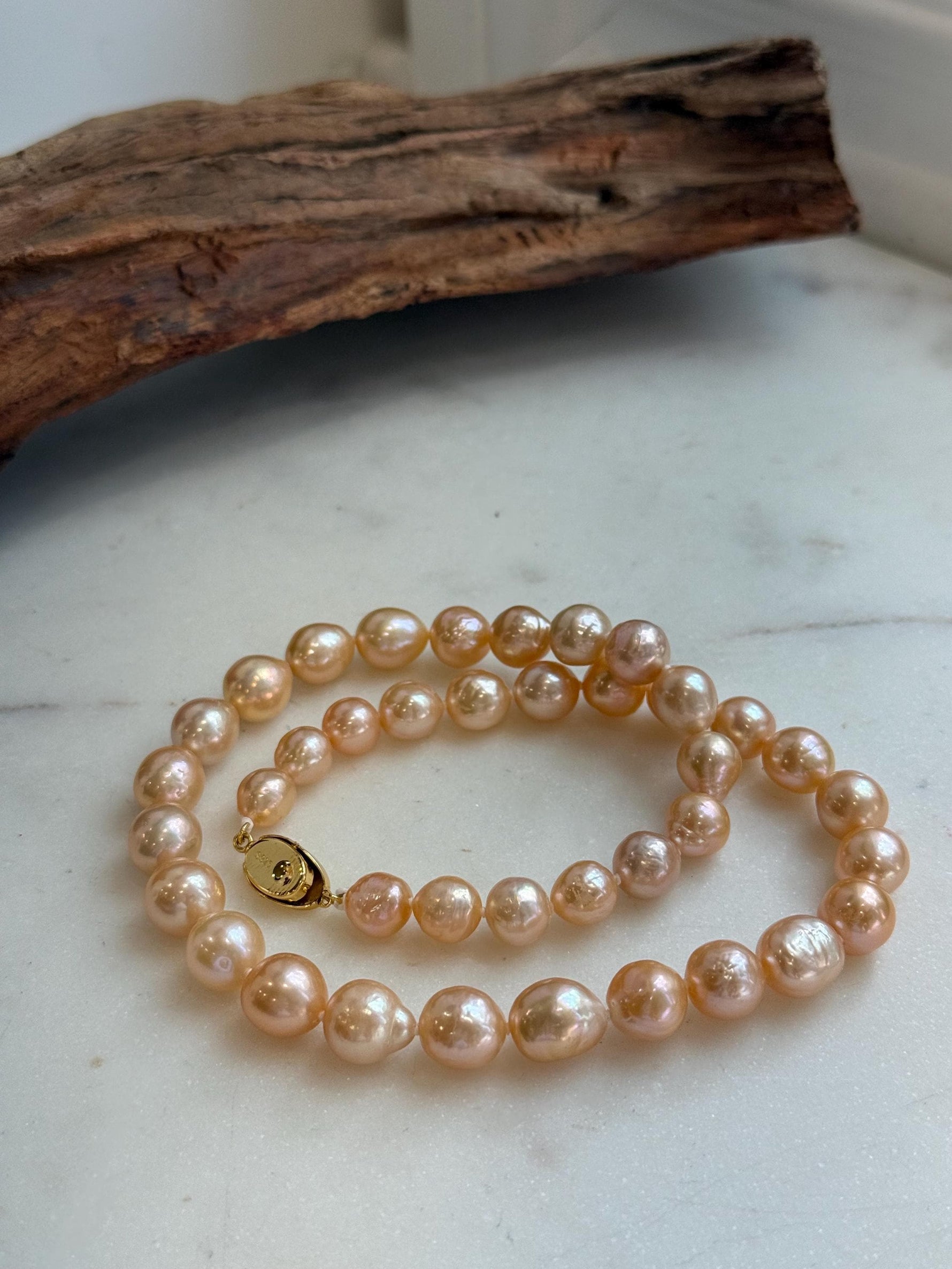 Elly’s 40pcs 8-10mm Freshwater peach gold pearls necklace: Extreme luster mirrored, 17.1”, s925 silver necklace strand.