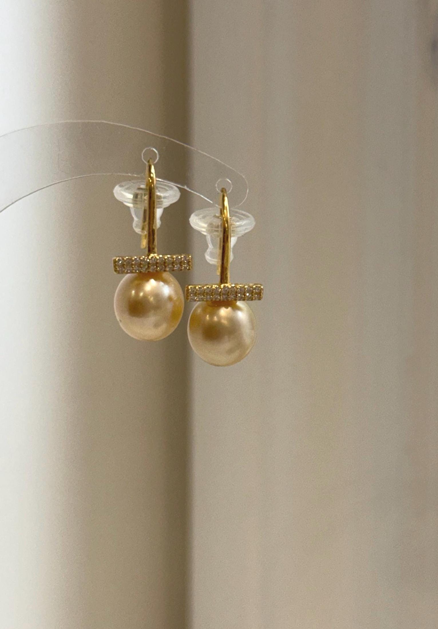 Elly’s 10mm Genius South sea deep gold ocean Pearls Earrings hooks: Extreme luster, 2.5cm high, S925 silver cool earrings.