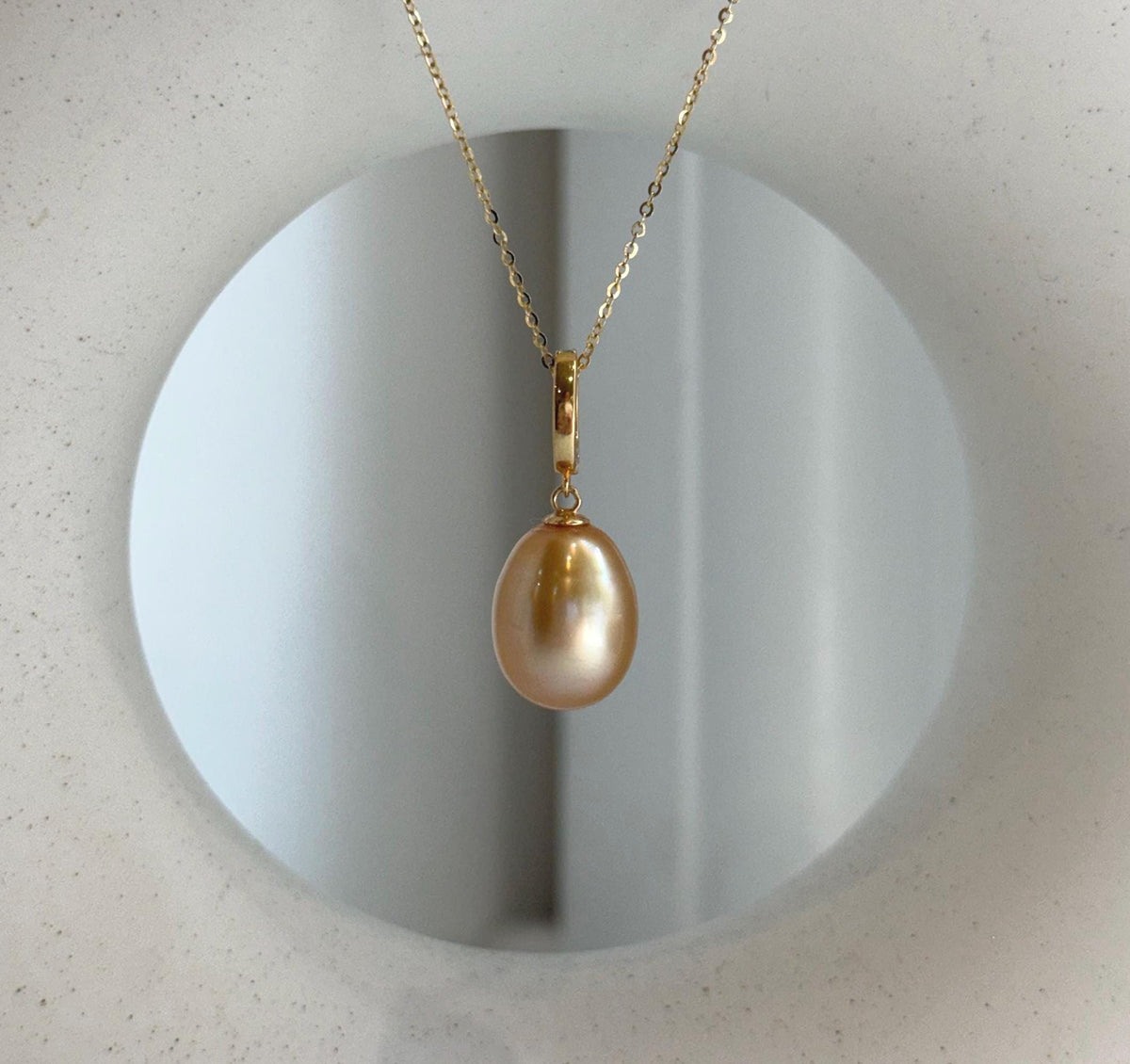 Elly’s 12.2x15.2mm Large South Sea deep Tea Gold ocean Drop Pearl pendant: Extreme luster mirrored. S925 silver pendant.
