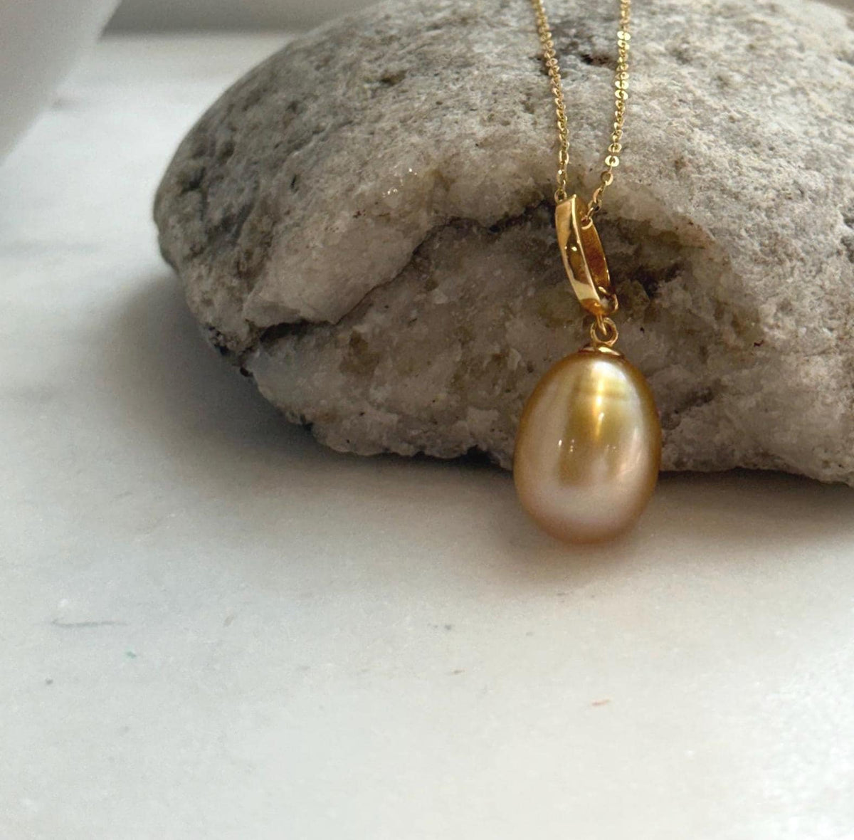 Elly’s 12.2x15.2mm Large South Sea deep Tea Gold ocean Drop Pearl pendant: Extreme luster mirrored. S925 silver pendant.