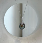 Elly’s 12.6mm Genius Tahitian platinum hunter Ocean Pearl Pendant: Extreme luster mirrored, 2.5cm high, S925 silver pendant.