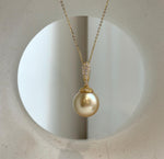 Elly’s 14.6mm Huge South Sea deep tea gold ocean Pearl pendant: Extreme luster mirrored. S925 silver with gold plated pendant set