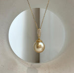 Elly’s 14.6mm Huge South Sea deep tea gold ocean Pearl pendant: Extreme luster mirrored. S925 silver with gold plated pendant set