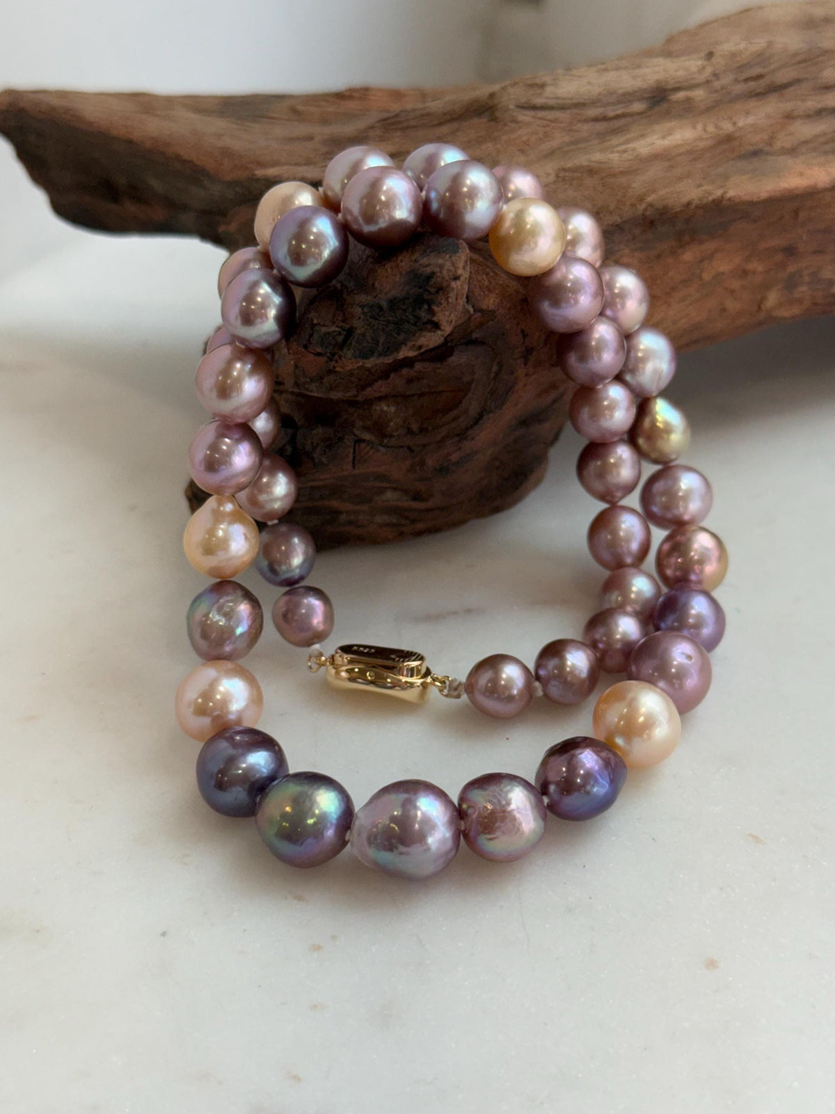 Elly’s 43pcs 8.3-11.3mm Edison Multicolored Pearls Necklace Strand: Extreme luster mirrored, 18.3”, S925 silver necklace.