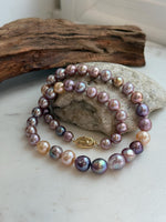 Elly’s 43pcs 8.3-11.3mm Edison Multicolored Pearls Necklace Strand: Extreme luster mirrored, 18.3”, S925 silver necklace.