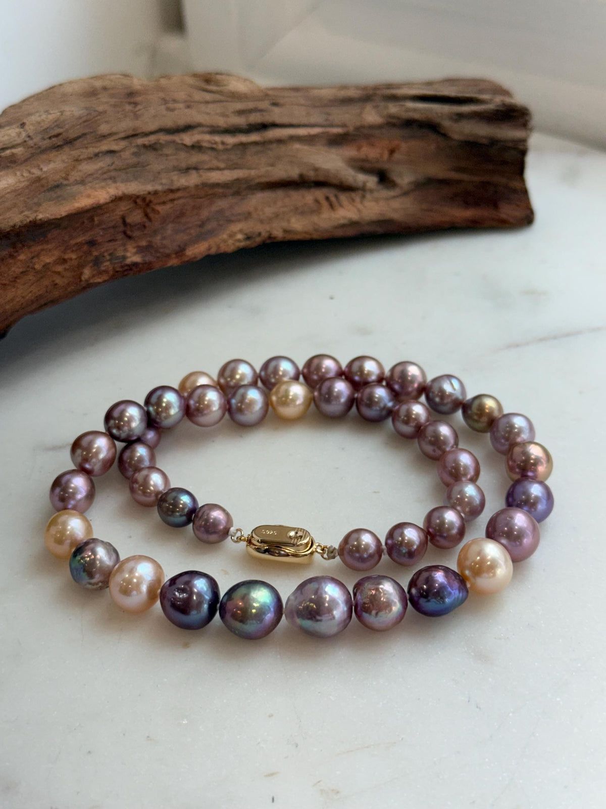 Elly’s 43pcs 8.3-11.3mm Edison Multicolored Pearls Necklace Strand: Extreme luster mirrored, 18.3”, S925 silver necklace.