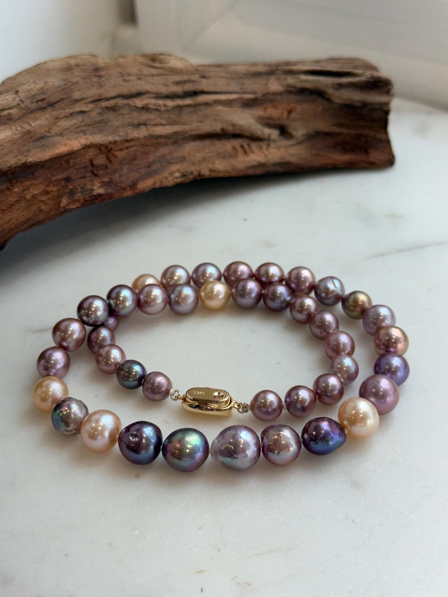 Elly’s 43pcs 8.3-11.3mm Edison Multicolored Pearls Necklace Strand: Extreme luster mirrored, 18.3”, S925 silver necklace.