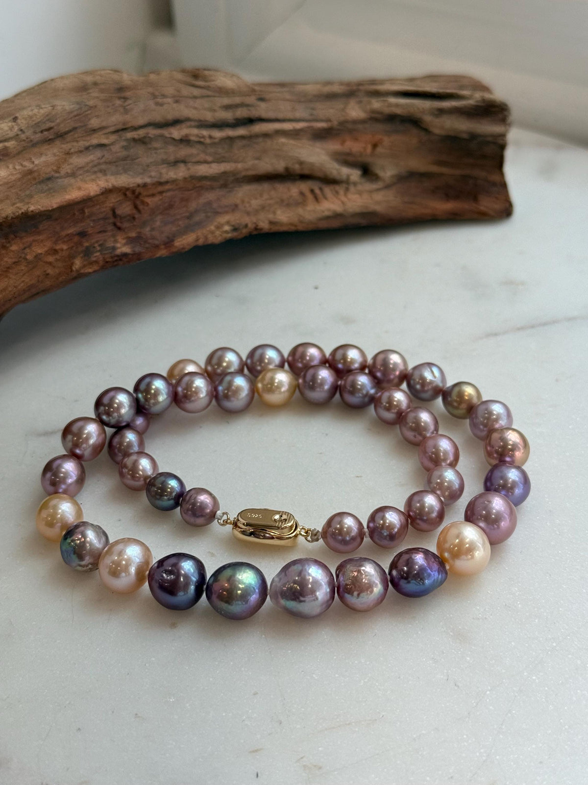 Elly’s 43pcs 8.3-11.3mm Edison Multicolored Pearls Necklace Strand: Extreme luster mirrored, 18.3”, S925 silver necklace.