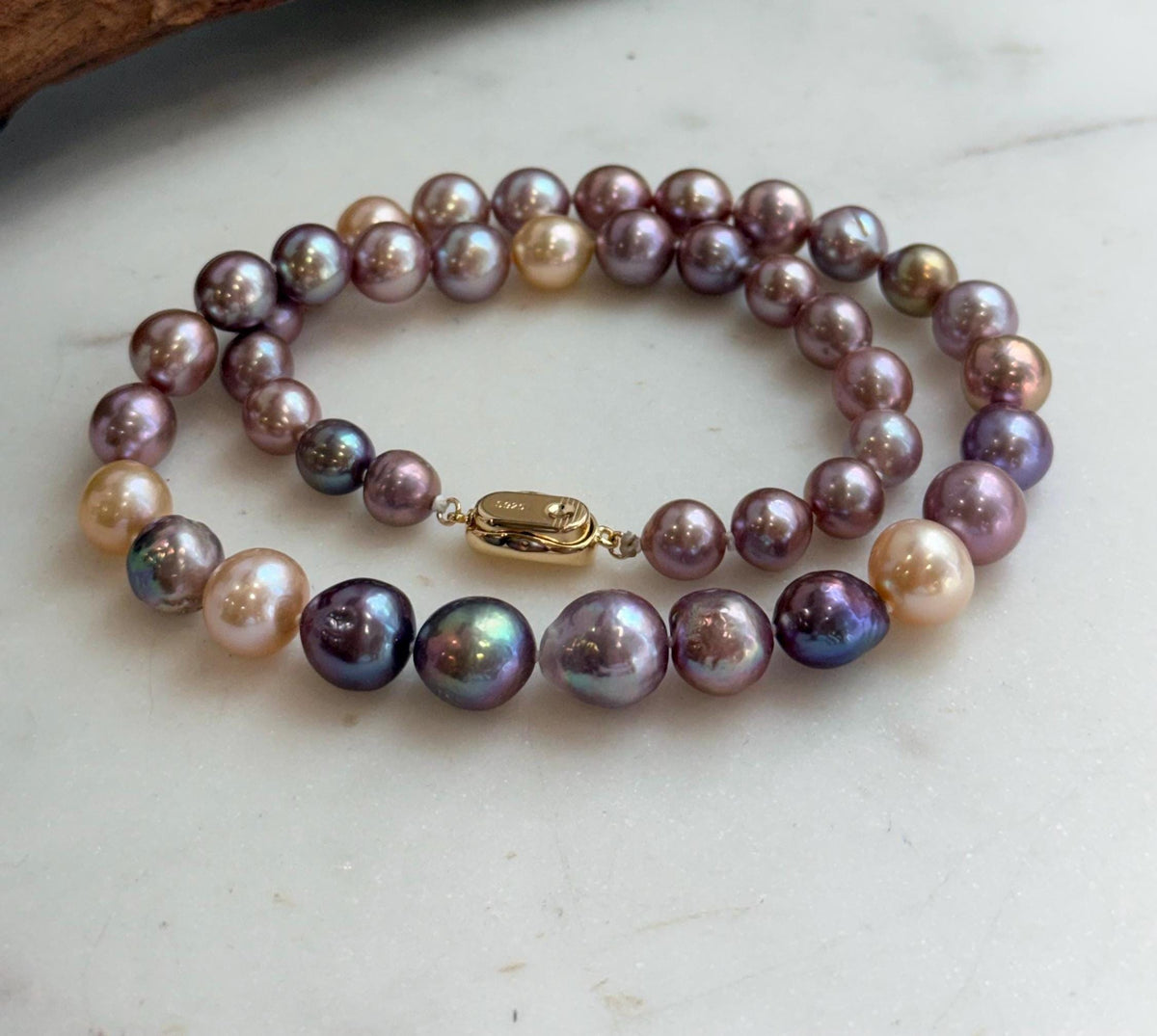 Elly’s 43pcs 8.3-11.3mm Edison Multicolored Pearls Necklace Strand: Extreme luster mirrored, 18.3”, S925 silver necklace.