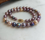 Elly’s 43pcs 8.3-11.3mm Edison Multicolored Pearls Necklace Strand: Extreme luster mirrored, 18.3”, S925 silver necklace.
