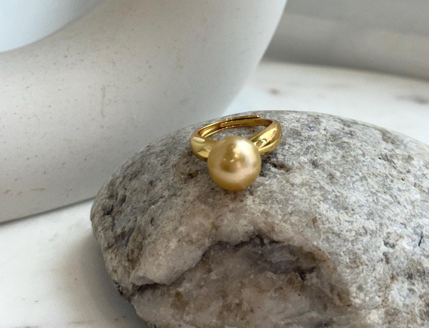 Elly’s 11.4mm South sea deep tea golden ocean pearl Ring: Extreme luster mirrored, S925 silver with gold plated adjustable Vintage Ring.