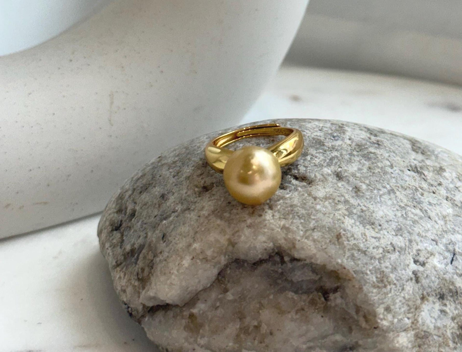 Elly’s 11.4mm South sea deep tea golden ocean pearl Ring: Extreme luster mirrored, S925 silver with gold plated adjustable Vintage Ring.