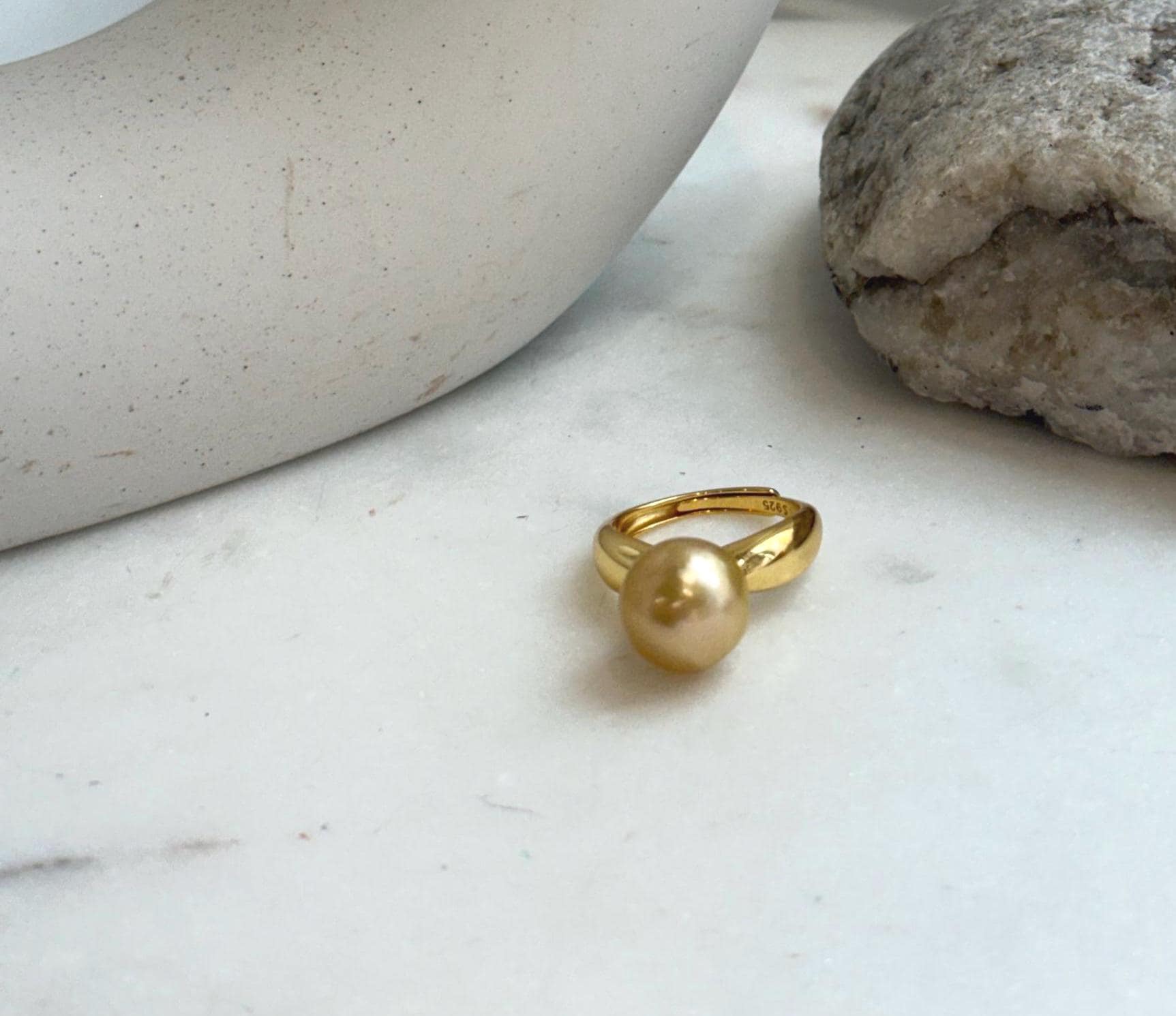 Elly’s 11.4mm South sea deep tea golden ocean pearl Ring: Extreme luster mirrored, S925 silver with gold plated adjustable Vintage Ring.