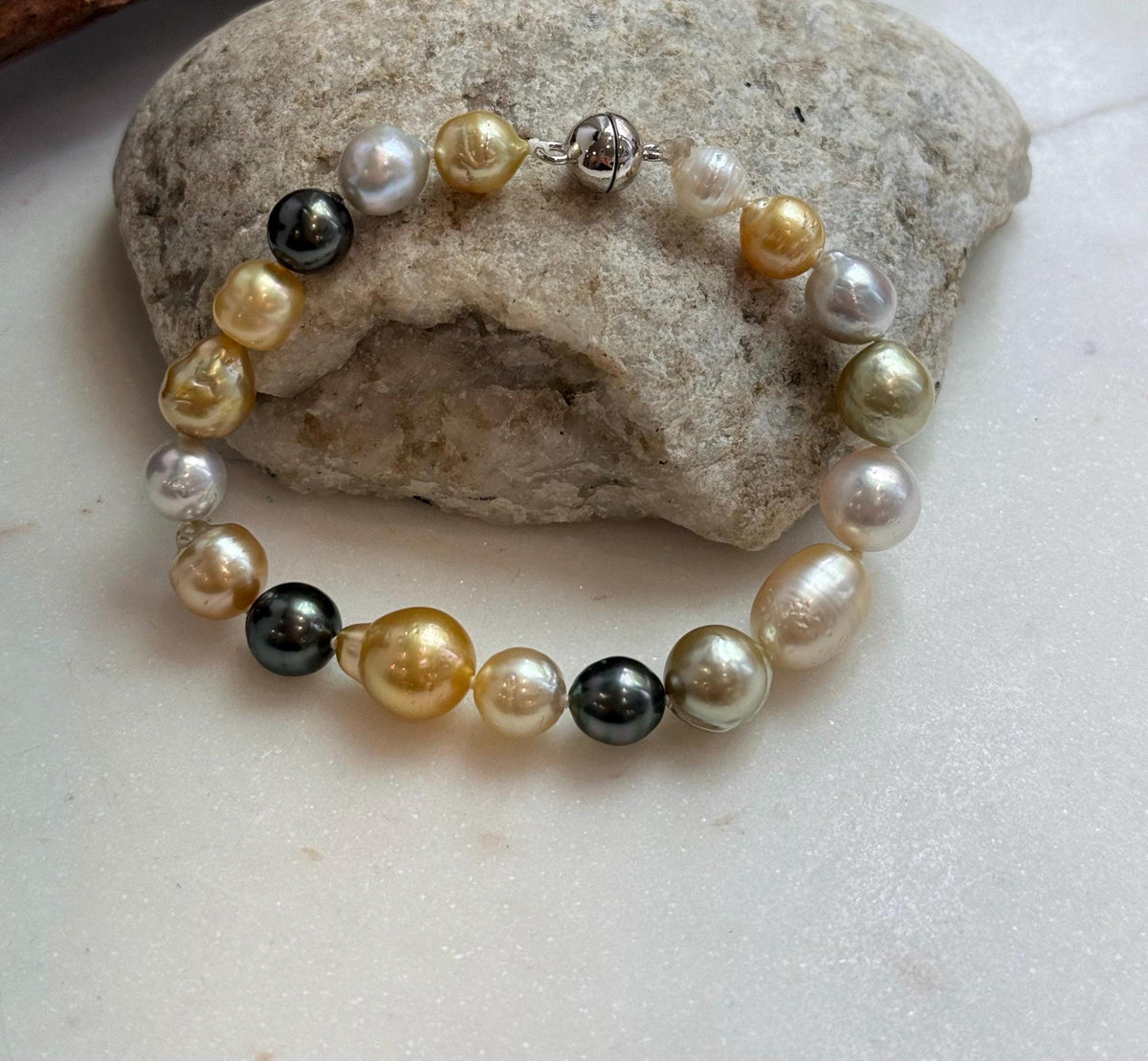 Elly’s Multicolor Ocean Pearls Bracelet: 18pcs South Sea Golden White Tahitian Akoya Pearls, Extreme luster, 7.2-10.4mm, 7.7” knotted