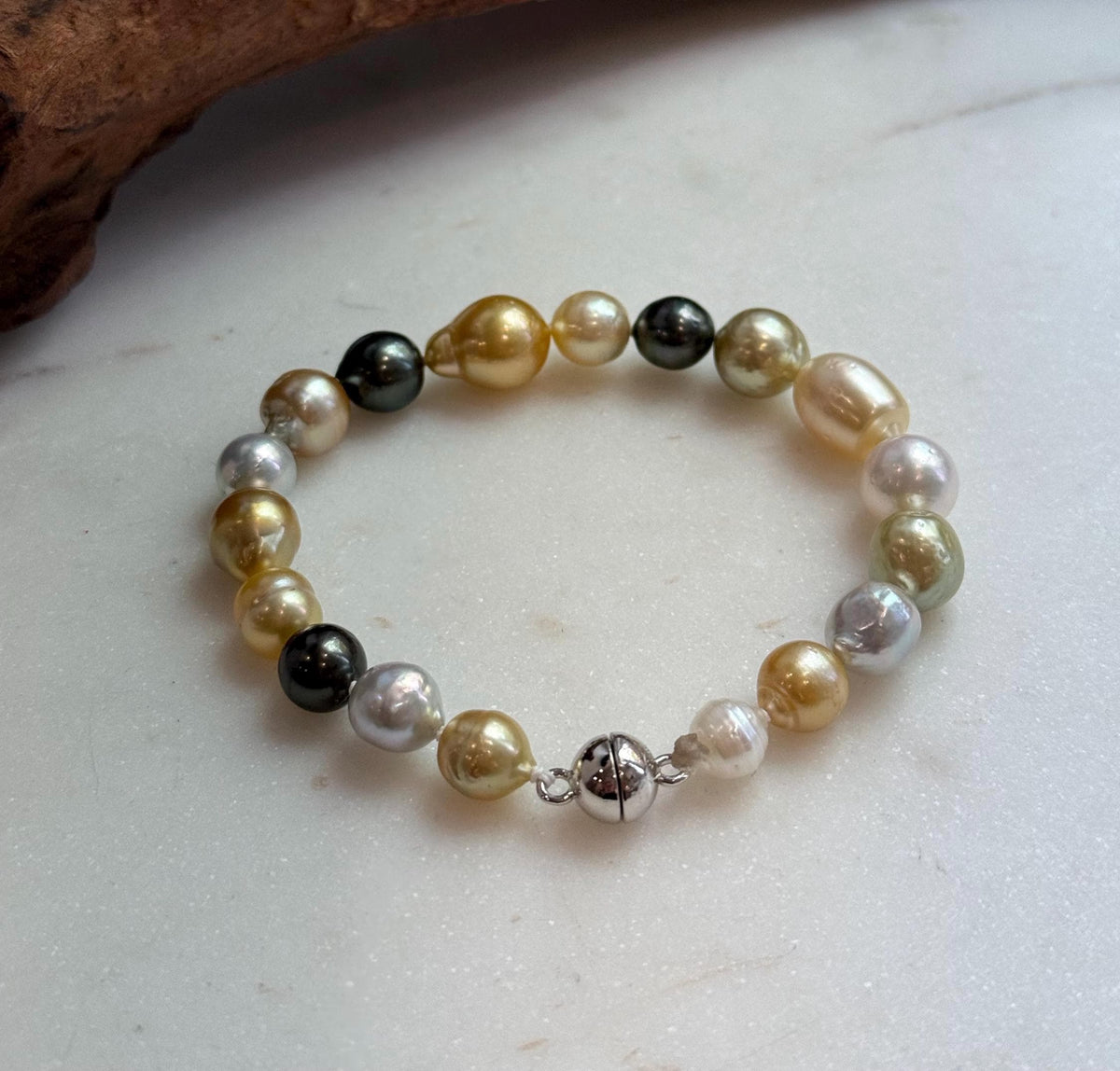 Elly’s Multicolor Ocean Pearls Bracelet: 18pcs South Sea Golden White Tahitian Akoya Pearls, Extreme luster, 7.2-10.4mm, 7.7” knotted