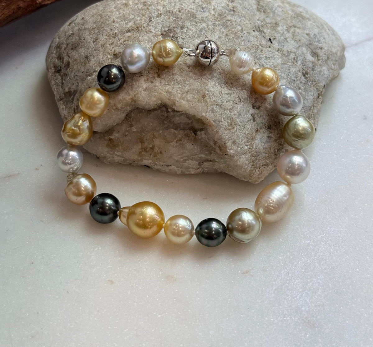 Elly’s Multicolor Ocean Pearls Bracelet: 18pcs South Sea Golden White Tahitian Akoya Pearls, Extreme luster, 7.2-10.4mm, 7.7” knotted