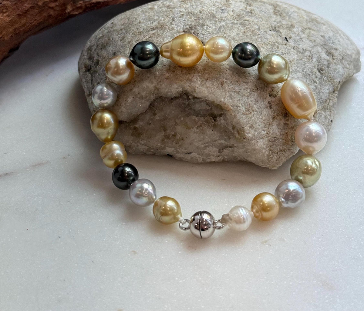 Elly’s Multicolor Ocean Pearls Bracelet: 18pcs South Sea Golden White Tahitian Akoya Pearls, Extreme luster, 7.2-10.4mm, 7.7” knotted