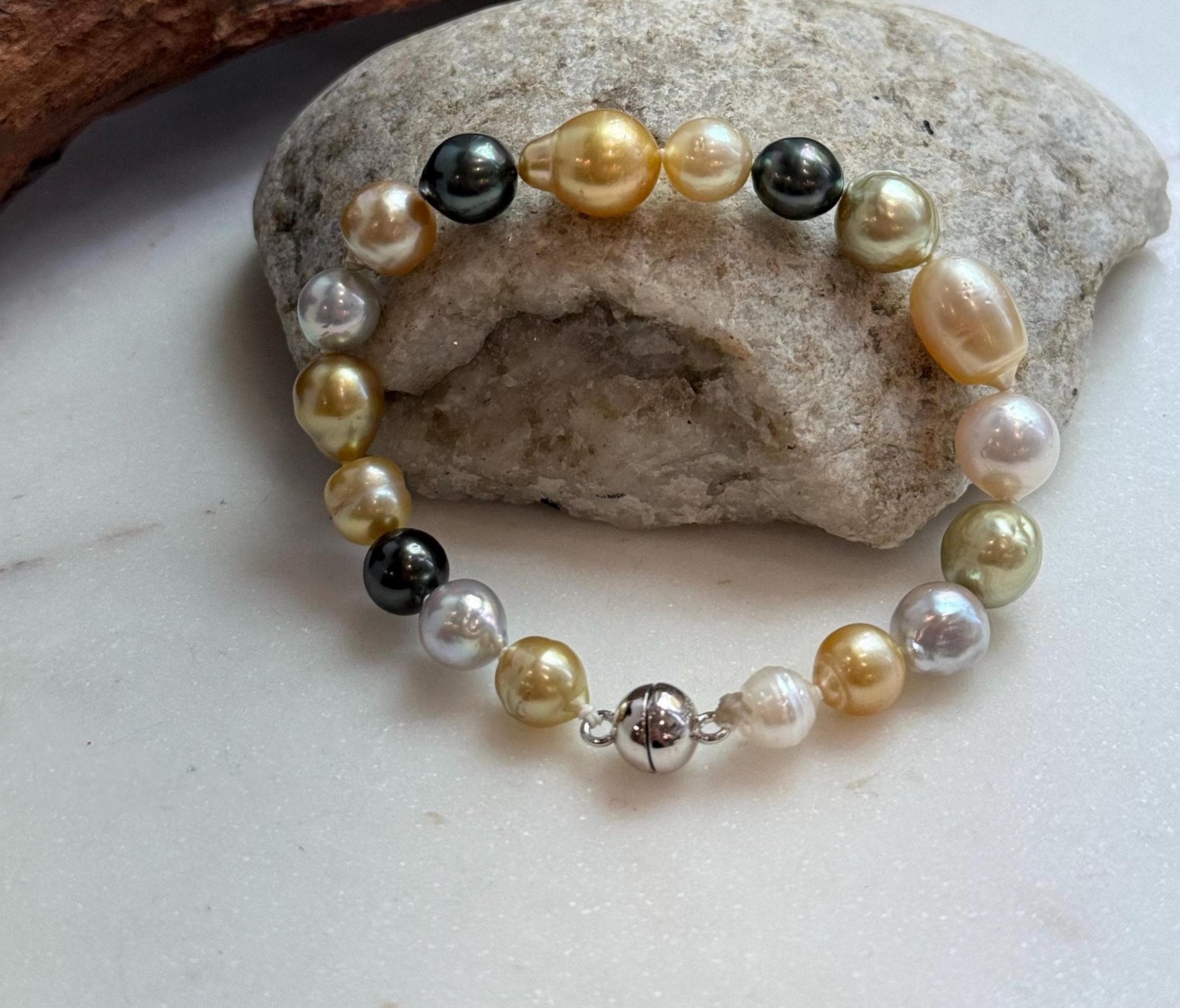 Elly’s Multicolor Ocean Pearls Bracelet: 18pcs South Sea Golden White Tahitian Akoya Pearls, Extreme luster, 7.2-10.4mm, 7.7” knotted